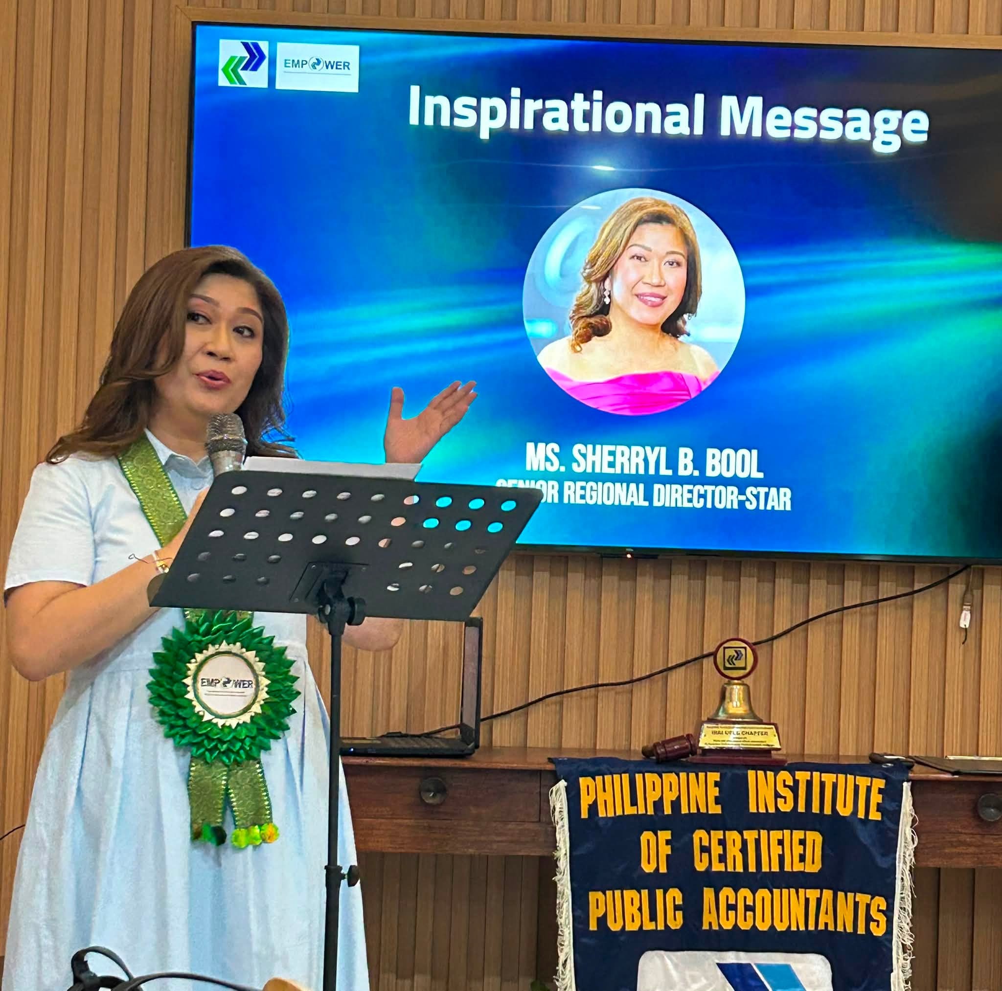 Sherryl B. Bool giving an inspirational message during the PICPA IRRI-UPLB Chapter induction and turnover ceremony