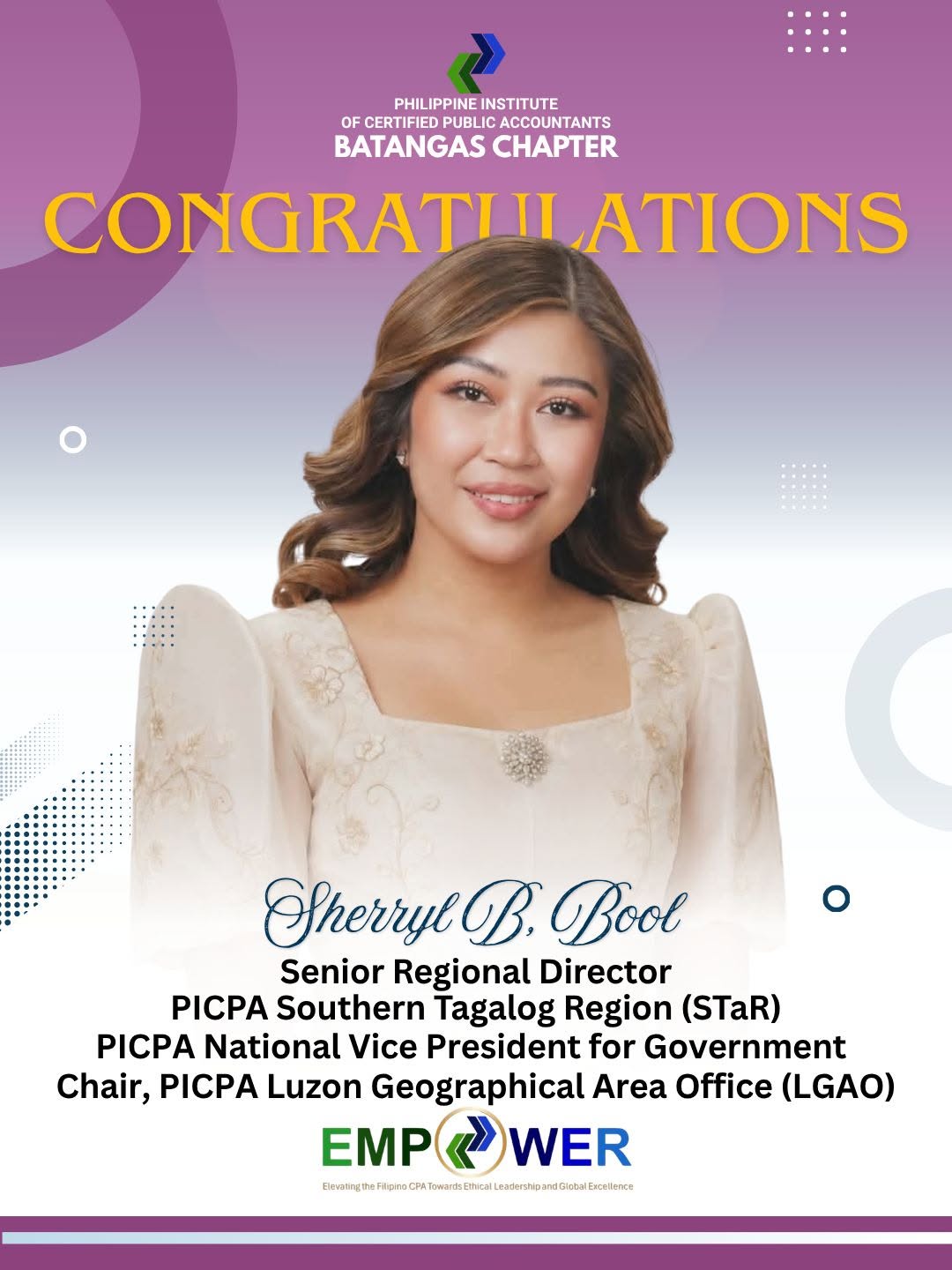 PICPA Batangas Chapter congratulations poster for Sherryl B. Bool as Senior Regional Director and national officer
